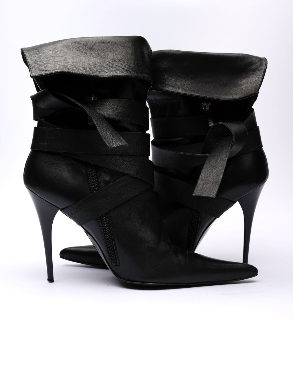 SHY Leather Wrap-Strap Fold-Over Ankle Boots