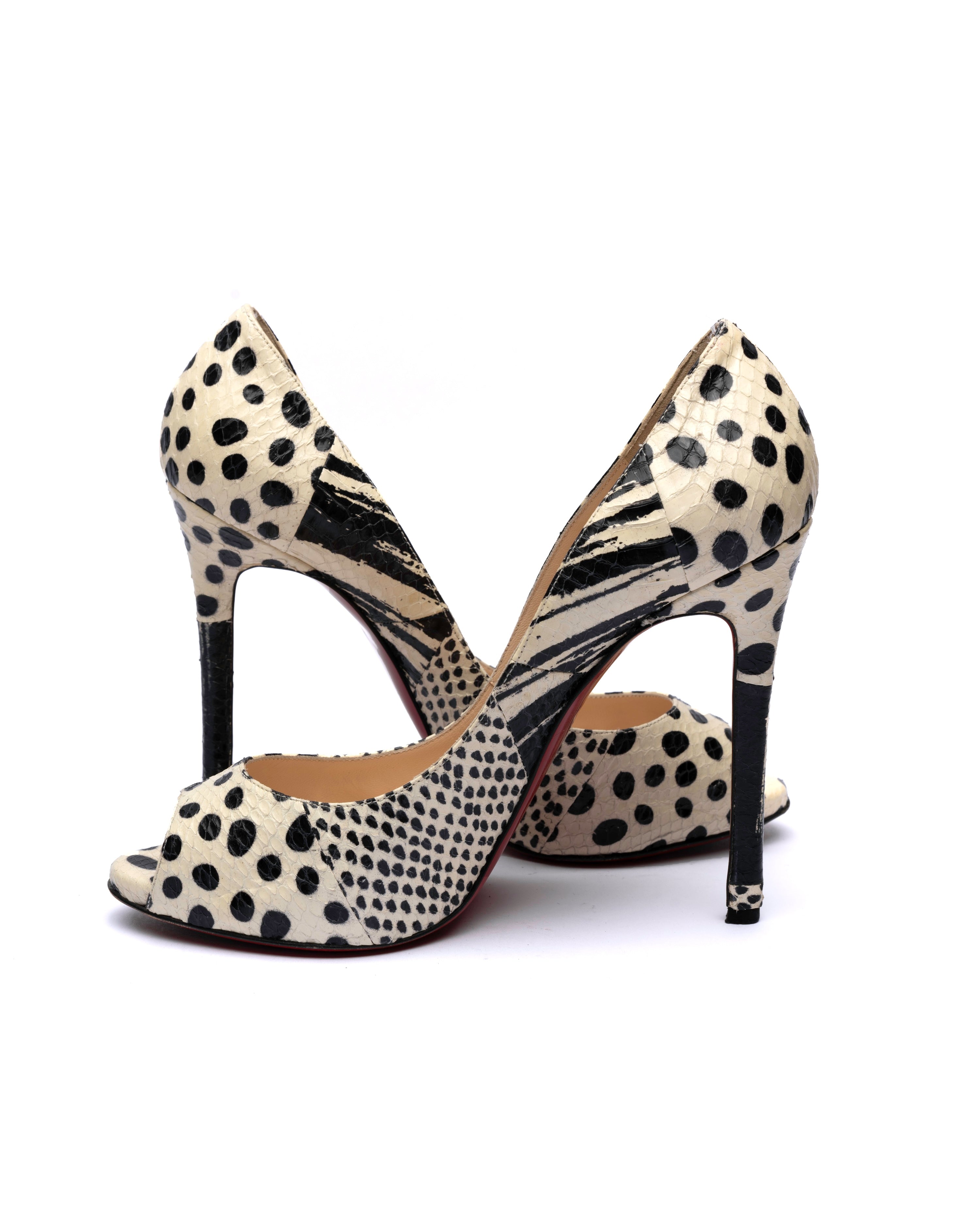 Christian Louboutin Python/ Polka Dot Print Peep-Toe Pumps