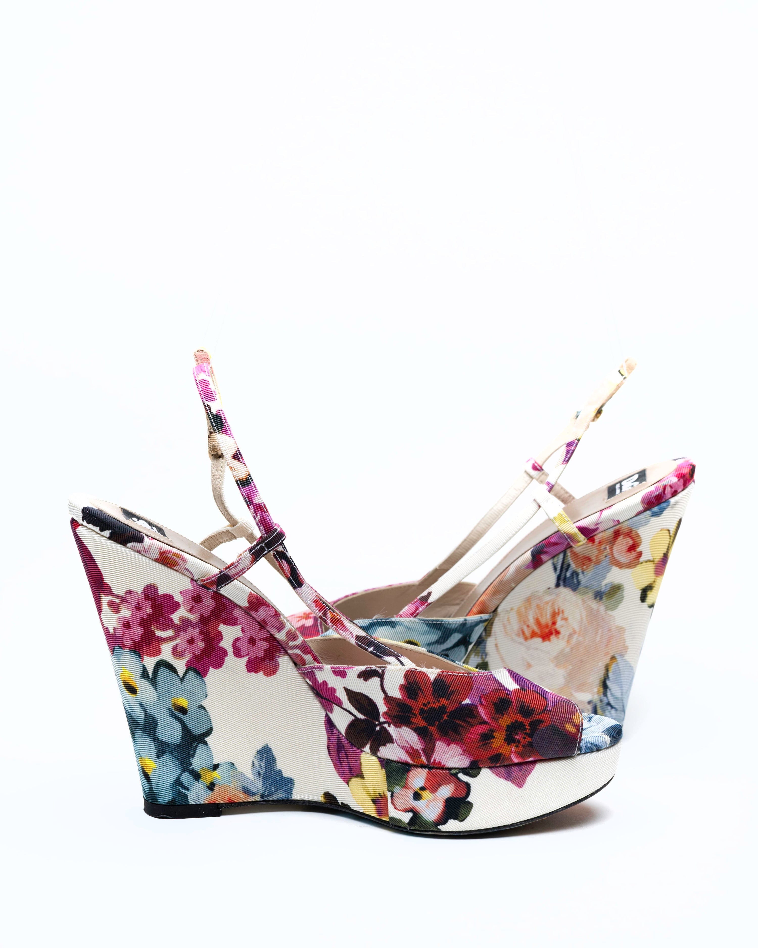 D&G Dolce & Gabbana Floral Print Fabric Platform Wedge Slingbacks