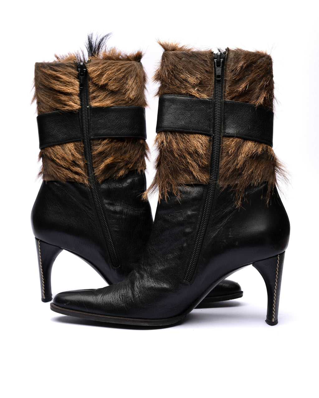 Charles Jourdan schwarze Mid-Calf Stiefel aus Leder mit Pelzbesatz