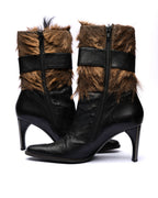 Charles Jourdan schwarze Mid-Calf Stiefel aus Leder mit Pelzbesatz