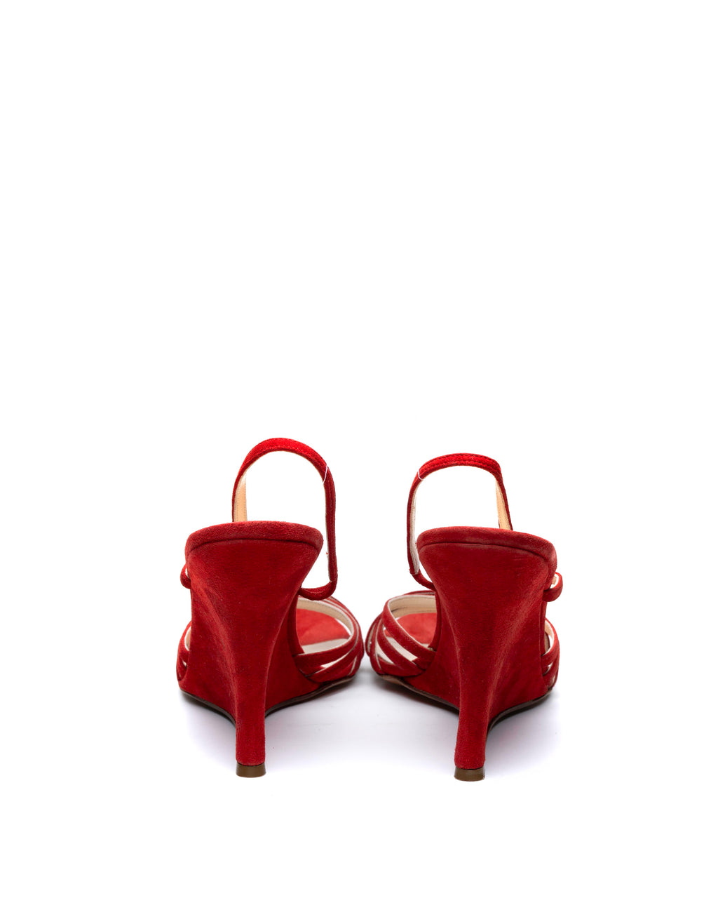 René Lézard Blood Red Suede Sculptural Wedge Slingbacks