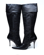 Black Leather Knee-High Stiletto Boots with Fold-Over Cuff