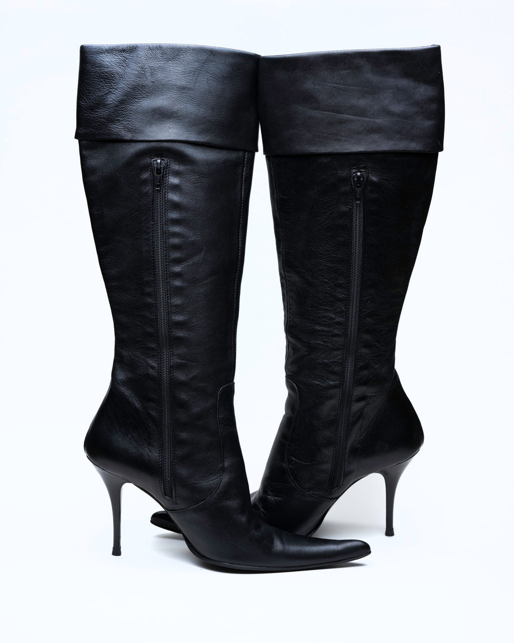 Black Leather Knee-High Stiletto Boots with Fold-Over Cuff