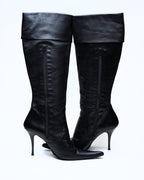 Black Leather Knee-High Stiletto Boots with Fold-Over Cuff