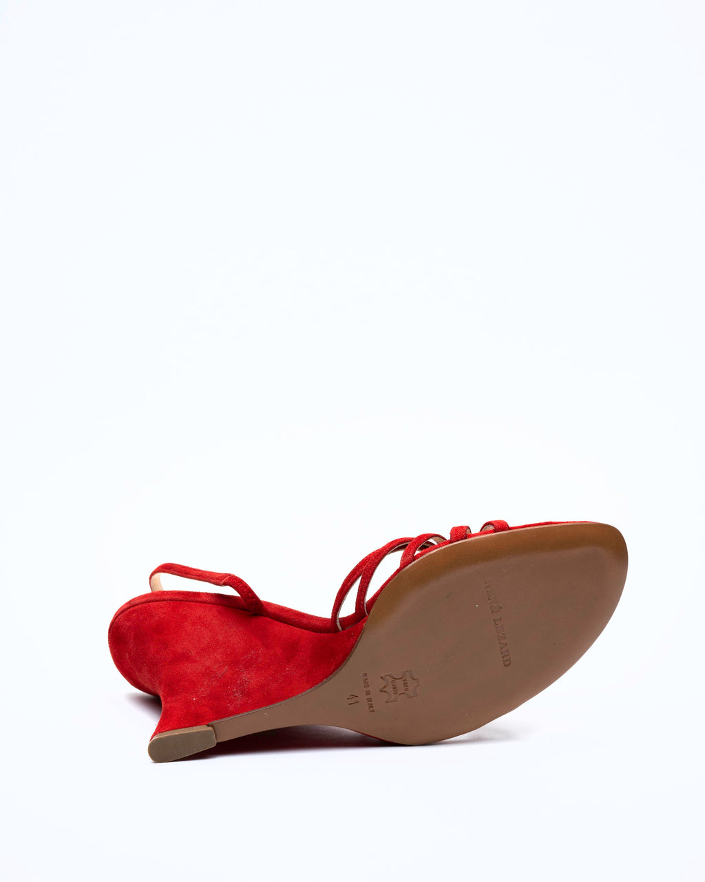 René Lézard Blood Red Suede Sculptural Wedge Slingbacks