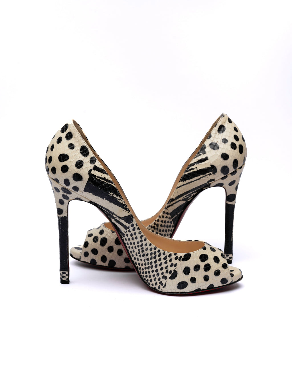Christian Louboutin Python/ Polka Dot Print Peep-Toe Pumps