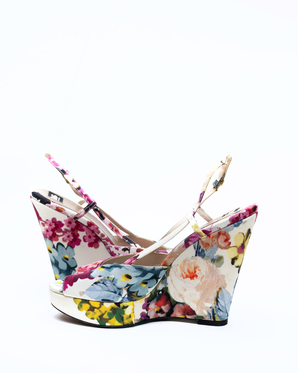 D&G Dolce & Gabbana Floral Print Fabric Platform Wedge Slingbacks