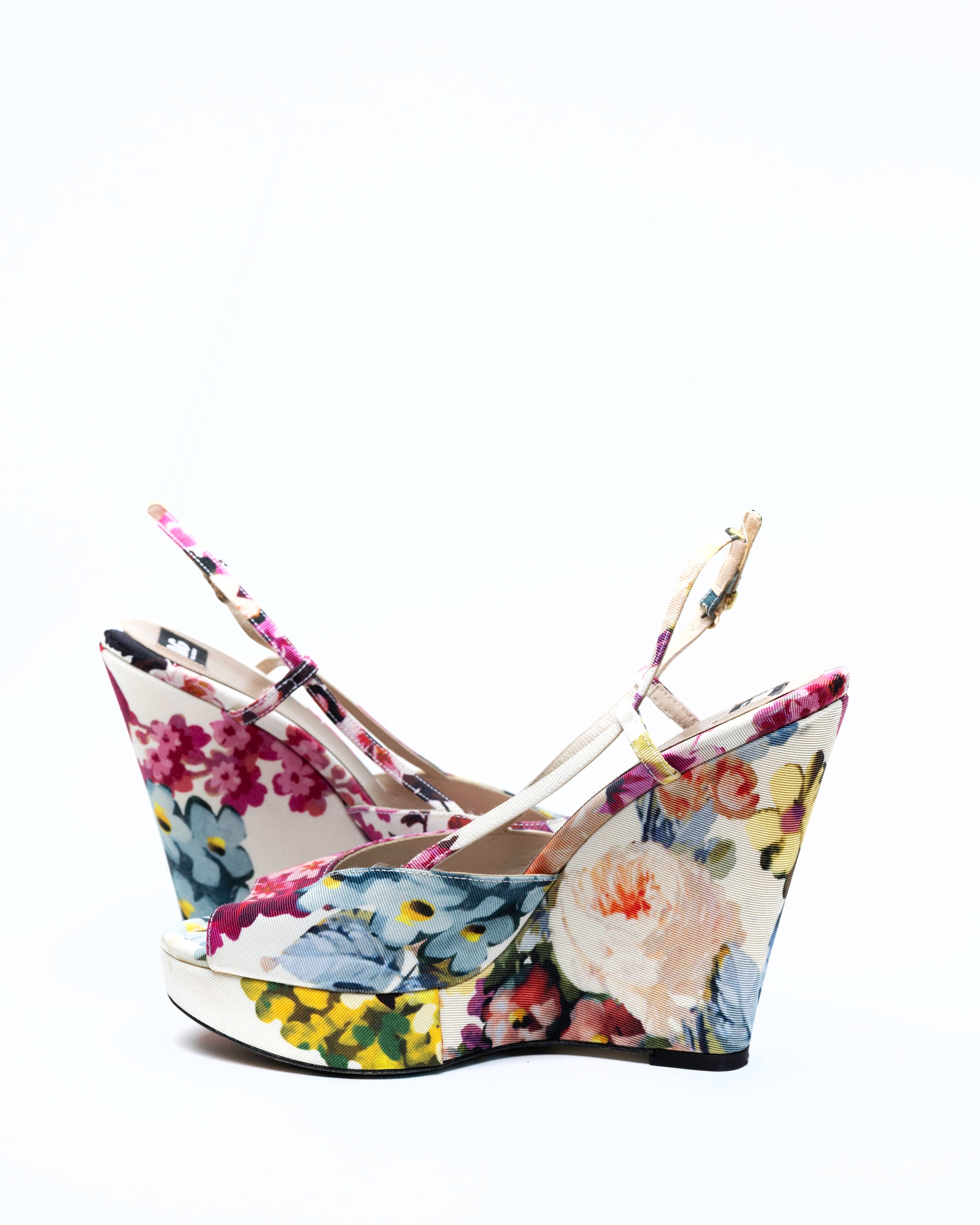 D&G Dolce & Gabbana Floral Print Fabric Platform Wedge Slingbacks
