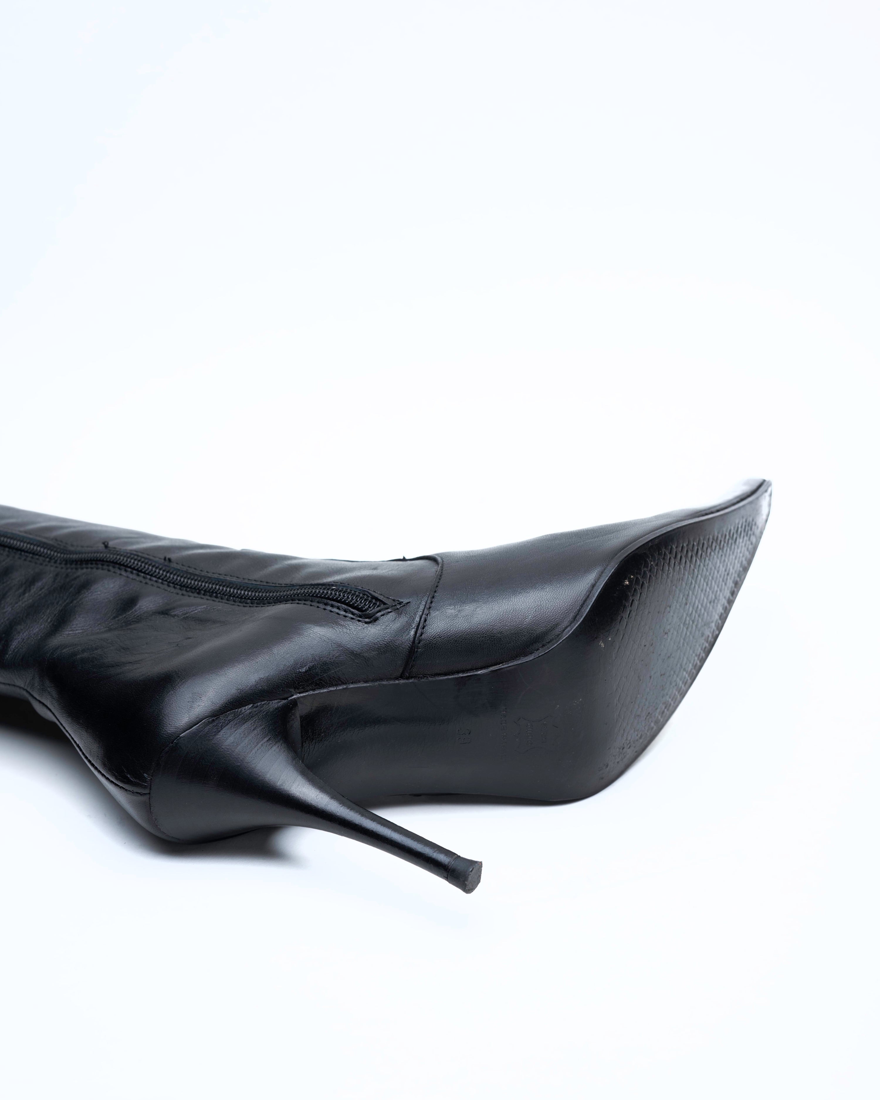 Black Leather Knee-High Stiletto Boots with Fold-Over Cuff