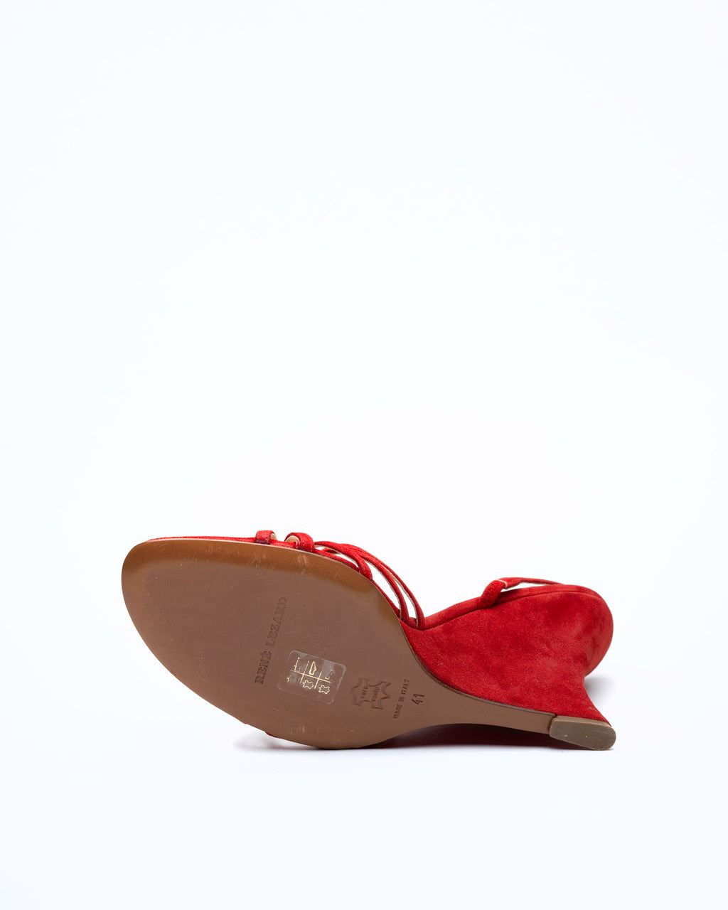 René Lézard Blood Red Suede Sculptural Wedge Slingbacks