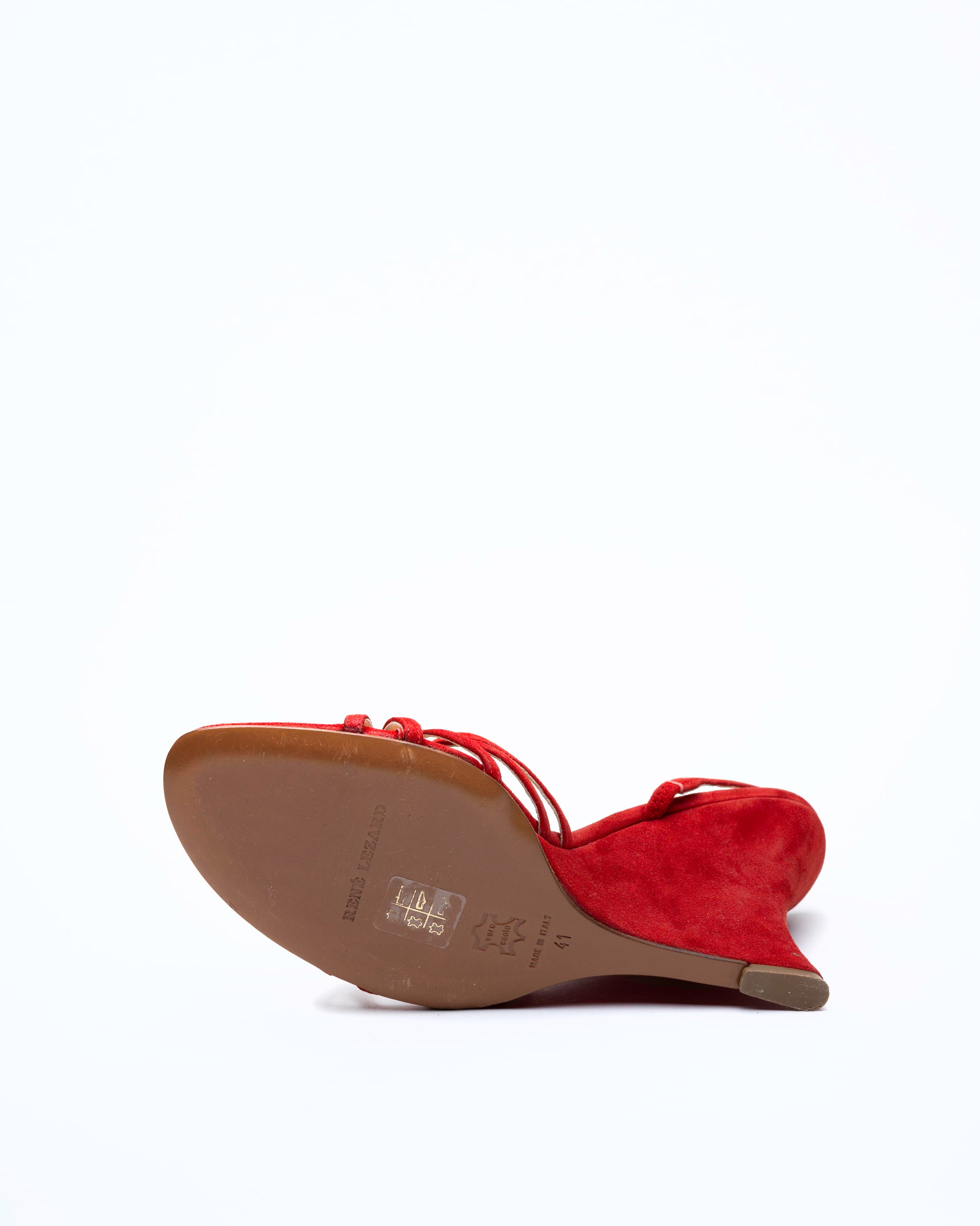 René Lézard Blood Red Suede Sculptural Wedge Slingbacks