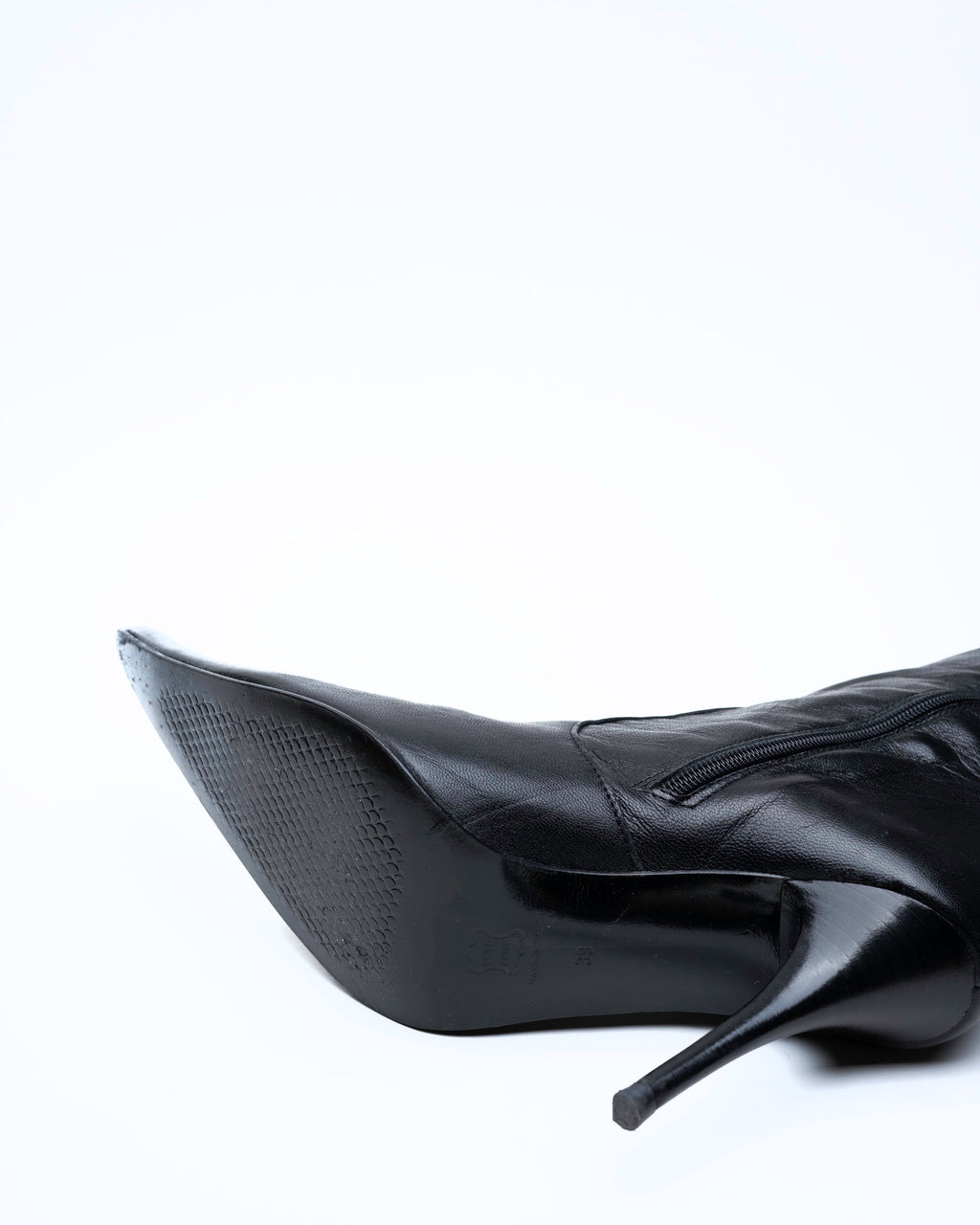 Black Leather Knee-High Stiletto Boots with Fold-Over Cuff