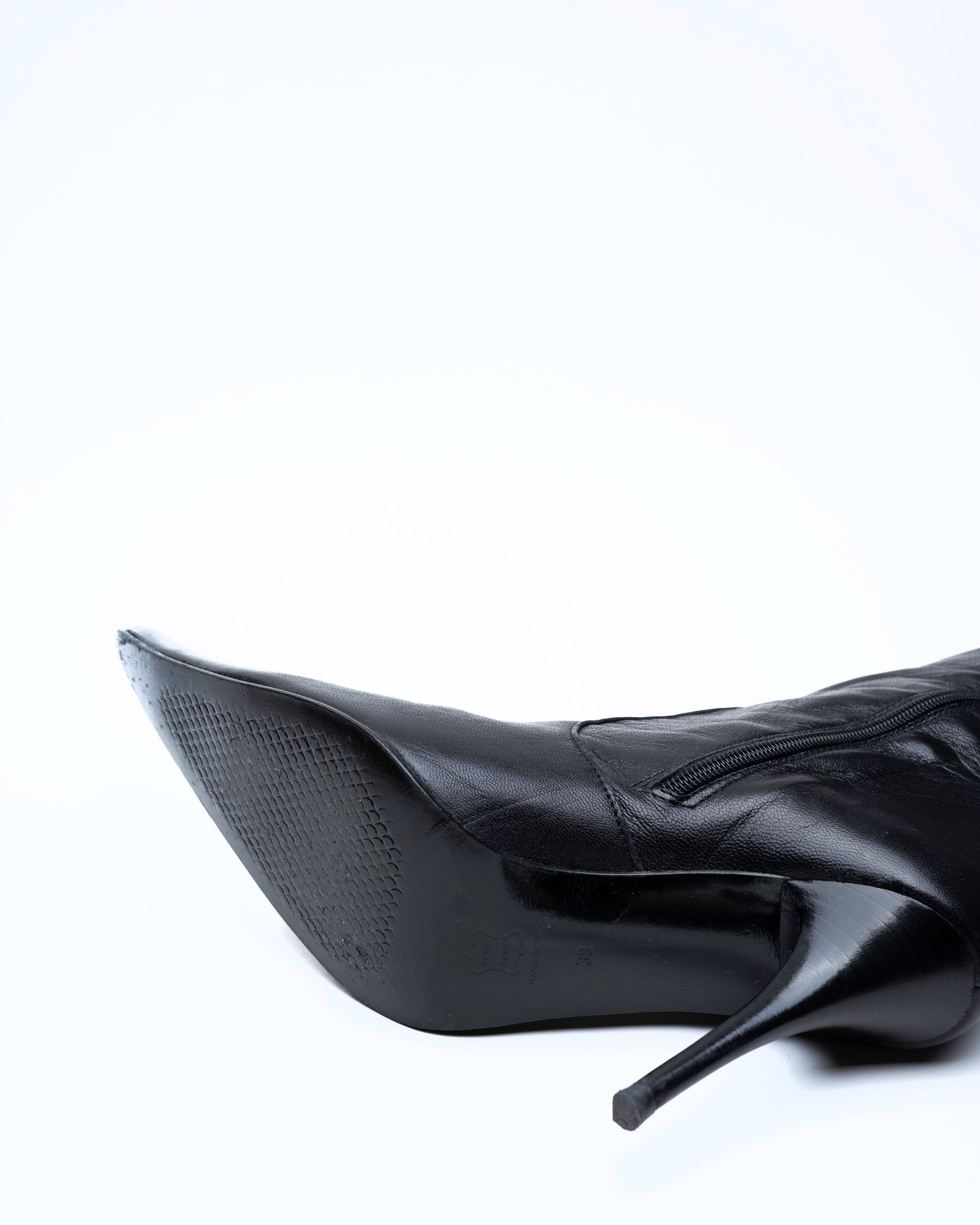 Black Leather Knee-High Stiletto Boots with Fold-Over Cuff