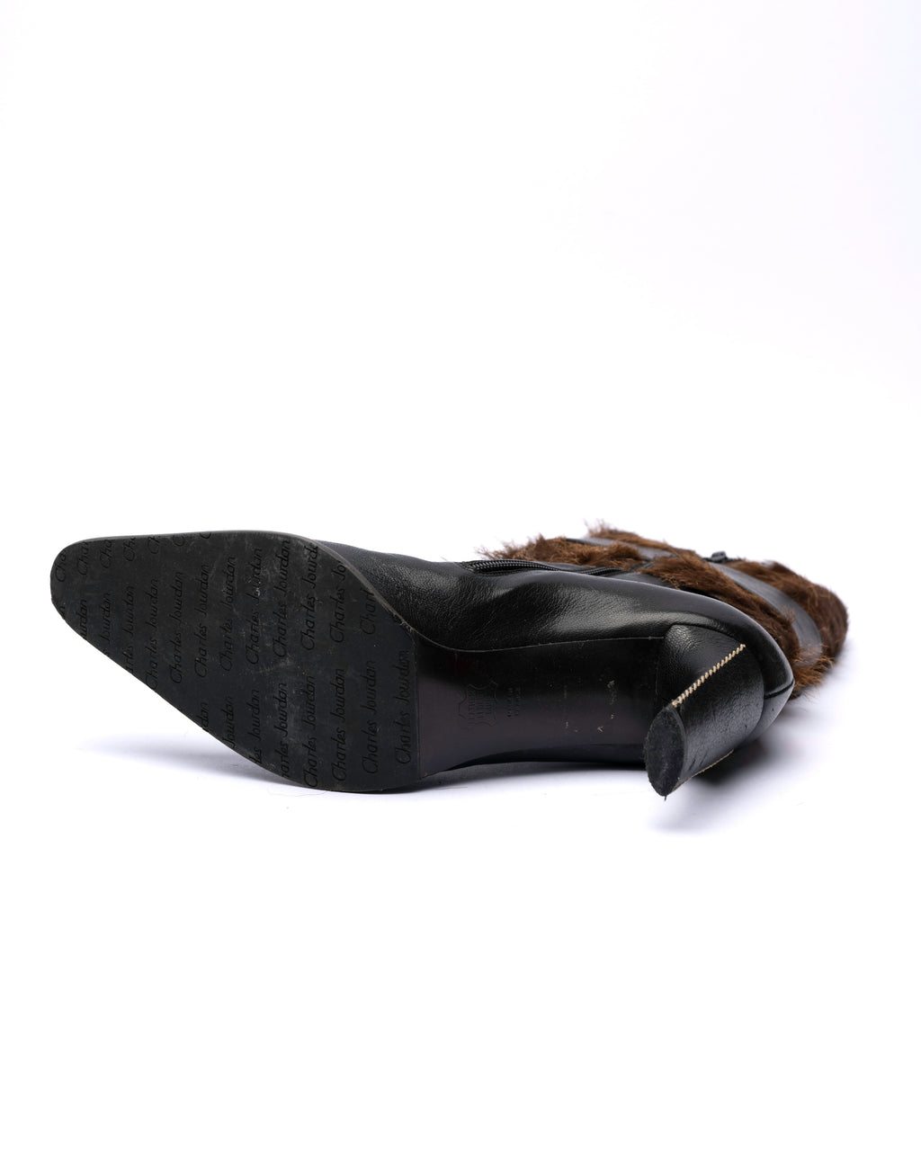 Charles Jourdan schwarze Mid-Calf Stiefel aus Leder mit Pelzbesatz