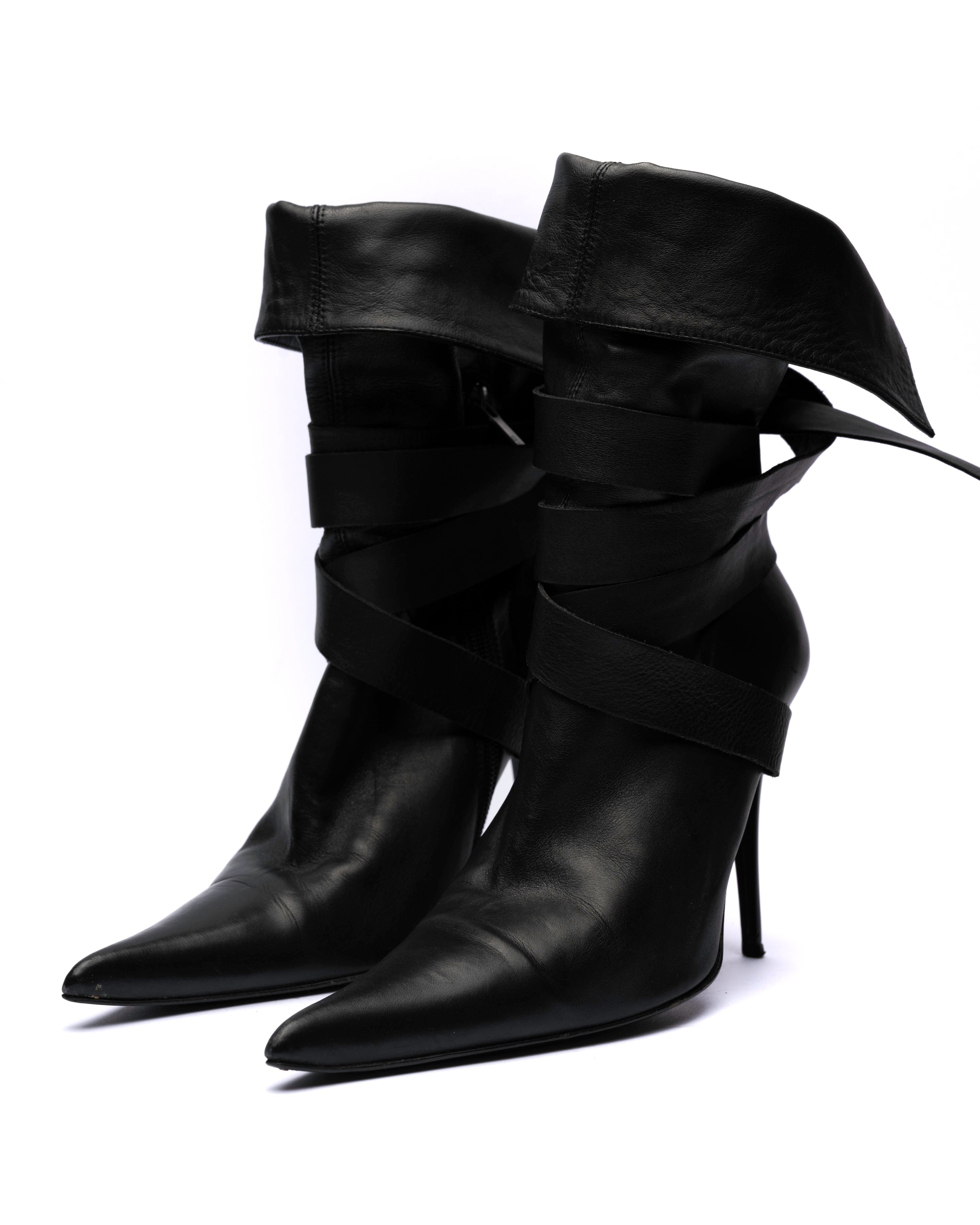 SHY Leather Wrap-Strap Fold-Over Ankle Boots