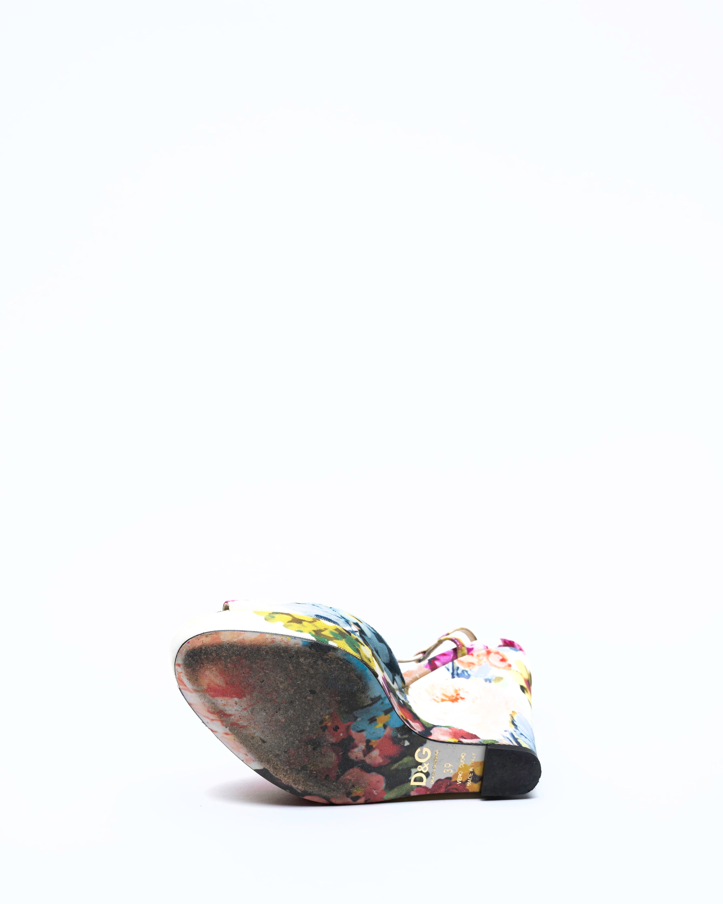 D&G Dolce & Gabbana Floral Print Fabric Platform Wedge Slingbacks