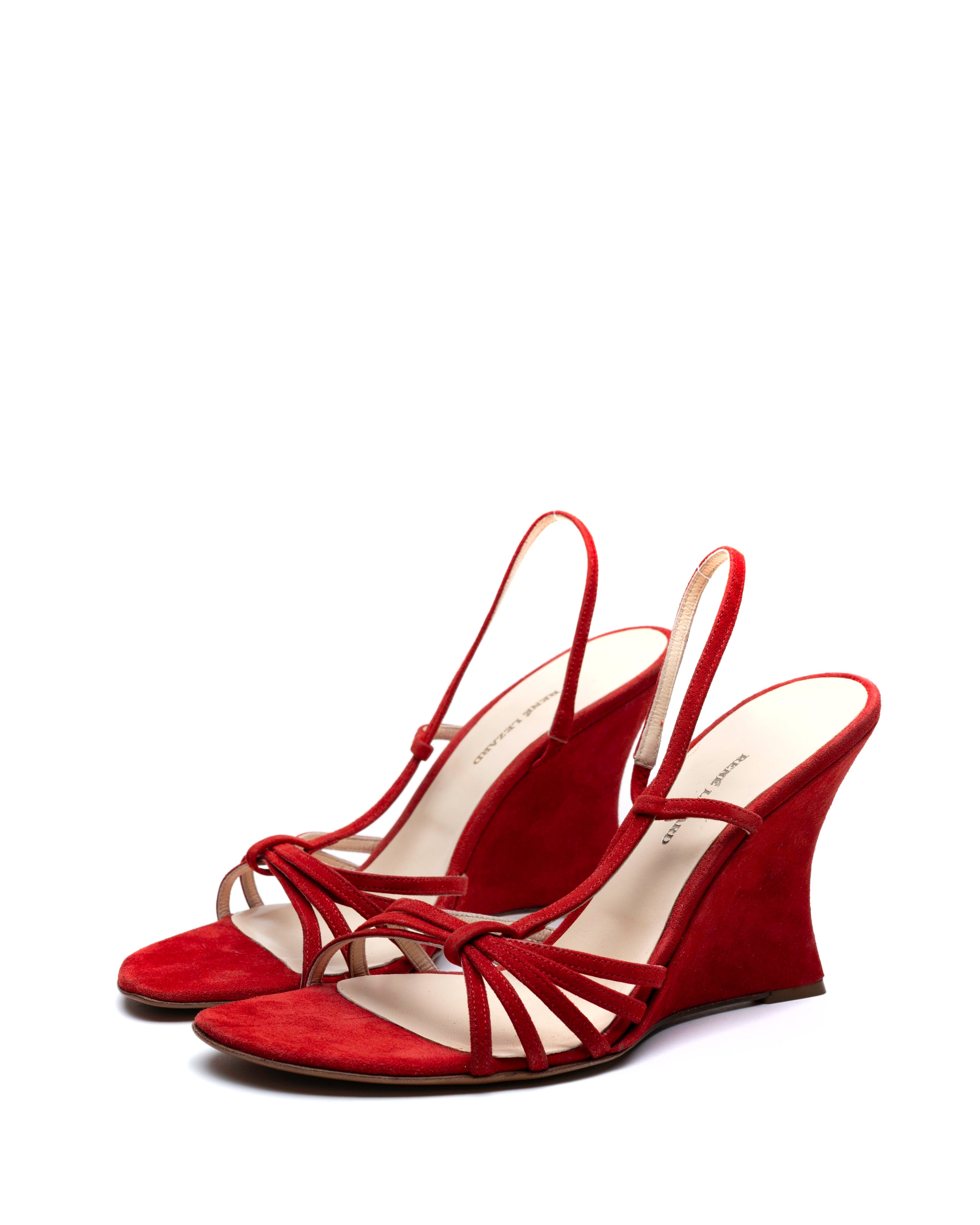 René Lézard Blood Red Suede Sculptural Wedge Slingbacks